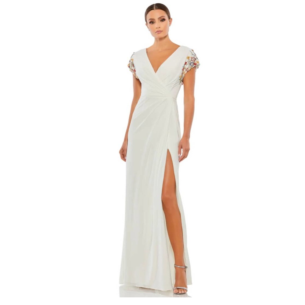 Mac Duggal Embelished Sleeve Jersey Wrap Gown White Size 10